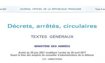 Arrêté du 29 juin 2021 modifiant l’arrêté du 26 avril 2017 fixant la liste des emplois de conseiller d’administration de la défense