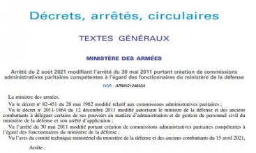 Arrêté du 2 août 2021 modifiant l’arrêté du 30 mai 2011 portant création de commissions  administratives paritaires compétentes à l’égard des fonctionnaires du ministère de la défense 