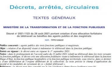 Décret no 2021-1123 du 26 août 2021 portant création d’une allocation forfaitaire  de télétravail au bénéfice des agents publics et des magistrats