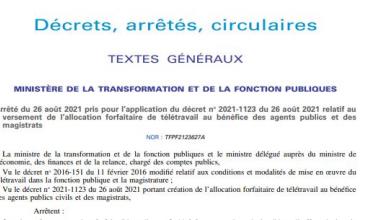 Arrêté du 26 août 2021 pris pour l’application du décret no 2021-1123 du 26 août 2021 relatif au  versement de l’allocation forfaitaire de télétravail au bénéfice des agents publics et des  magistrats 