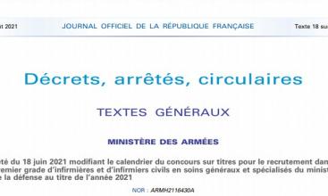 Arrêté du 18 juin 2021 modifiant le calendrier du concours sur titres pour le recrutement dans le premier grade d’infirmières et d’infirmiers civils en soins généraux et spécialisés du ministère de la défense au titre de l’année 2021