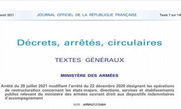 Arrêté du 29 juillet 2021 modifiant l’arrêté du 22 décembre 2020 désignant les opérations de restructuration concernant les états-majors, directions, services et établissements publics relevant du ministère des armées ouvrant droit aux dispositifs indemnitaires d’accompagnement.