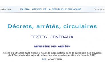 Arrêté du 30 août 2021 fixant le taux de nomination dans la catégorie des ouvriers de l’Etat chefs d’équipe du ministère des armées au titre de l’année 2022.