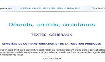 Décret no 2021-1164 du 8 septembre 2021 relatif au remboursement d’une partie des cotisations de protection sociale complémentaire destinées à couvrir les frais de santé des agents civils et militaires de l’Etat.