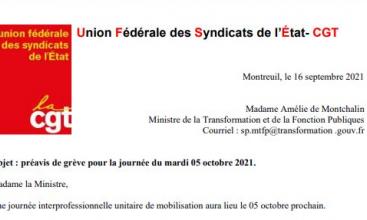  préavis de grève pour la journée du mardi 05 octobre 2021.