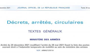 Arrêté du 20 décembre 2021 modifiant l’arrêté du 28 mai 2021 fixant la liste des postes ouvrant droit à l’indemnité temporaire de mobilité au sein du ministère des armées