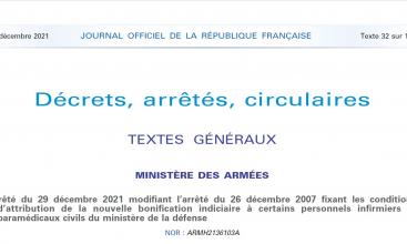 Arrêté du 29 décembre 2021 modifiant l’arrêté du 26 décembre 2007 fixant les conditions d’attribution de la nouvelle bonification indiciaire à certains personnels infirmiers et paramédicaux civils du ministère de la défense.