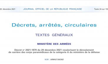 Décret no 2021-1870 du 29 décembre 2021 revalorisant le déroulement de carrière des corps paramédicaux de la catégorie A du ministère de la défense