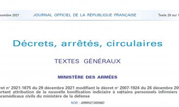 Décret no 2021-1875 du 29 décembre 2021 modifiant le décret no 2007-1924 du 26 décembre 2007 portant attribution de la nouvelle bonification indiciaire à certains personnels infirmiers et paramédicaux civils du ministère de la défense.