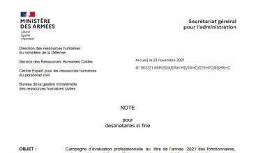Note ministérielle du 22 novembre 2021, et addendum relatifs à la campagne d'évaluation professionnelle au titre de l'année 2021.