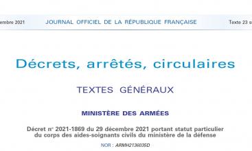 Décret no 2021-1869 du 29 décembre 2021 portant statut particulier du corps des aides-soignants civils du ministère de la défense