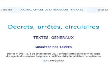 Décret no 2021-1871 du 29 décembre 2021 portant statut particulier du corps des agents des services hospitaliers qualifiés civils du ministère de la défense