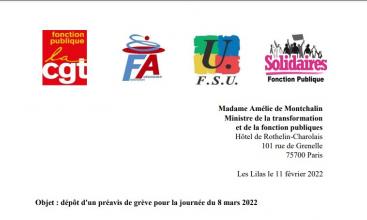 Intersyndical Fonction Publique : Préavis de grève pour la journée du 8 mars 2022.