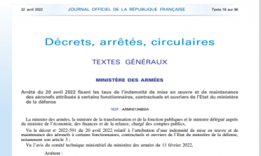 Arrêté du 20 avril 2022 fixant les taux de l'indemnité de mise en oeuvre et de maintenance des aéronefs attribuée à certains fonctionnaires, agents contractuels ou ouvriers de l'état du MinArm.