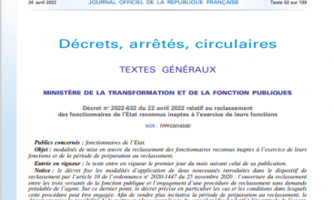 Décret 2022-632 du 22 avril 2022 relatif au reclassement des fonctionnaires de l'état reconnus inaptes à l'exercice de leurs fonctions