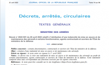 Décret 2022-591 relatif à l'attribution d'une indemnité de mise en oeuvre et de maintenance des aéronefs à certains fonctionnaires, agents contractuels et ouvriers de l'état du MinArm