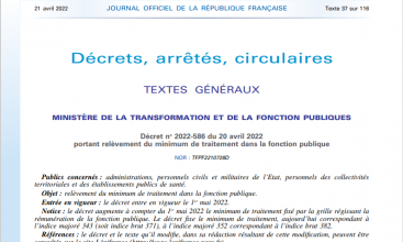 Décret 2022-586 du 20 avril 2022 portant relèvement minimum de traitement dans la Fonction Publique