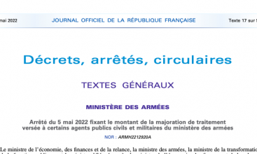 Arrêté du 5 mai 2022 fixant le montant de la majoration de traitement versée à certains agents publics du MinArm