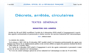 Arrêté du 28 avril 2022 modifiant l'arrêté du 4 décembre 2019 relatif à l'engagement à servir des agents contractuels et personnels à statut ouvrier du SIAé