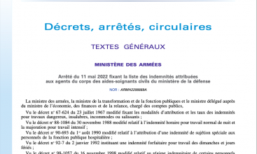 Arrêté du 11 mai 2022 fixant la liste des indemnités attribuées aux agents du corps des AS du MinDef