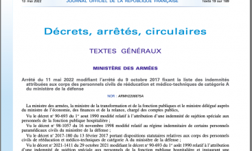 Arrêté du 11 mai 2022 modifiant l'arrêté du 9 octobre 2017 fixant la liste des indemnités attribuées aux agents du corps des PCRMT de Cat A du MinDef