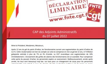 CAP des Adjoints Administratifs du 07/07/2022 - Déclaration Liminaire