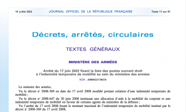 Arrêté du 17 juin 2022 fixant la liste des postes ouvrant droit à l'Indemnité Temporaire de Mobilité au MinArm