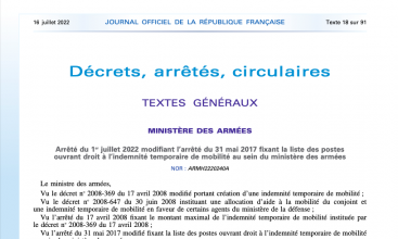 Arrêté du 1er juillet 2022 modifiant l'arrêté du 31 mai 2017 fixant la liste des postes ouvrant droit à l'Indemnité Temporaire de Mobilité au MinArm