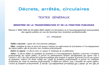 Décret 2022-1043 du 22 juillet 2022 relatif à la formation et à l'accompagnement personnalisé des agents publics en vue de favoriser leur évolution pro