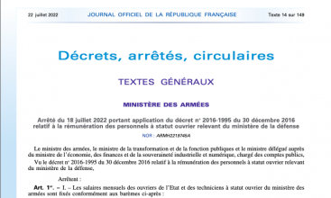 Arrêté du 18 juillet 2022 portant application du décret 2016-1995 du 30 décembre 2016 relatif à la rémunération des personnes à statut ouvrier relevant du MinDef