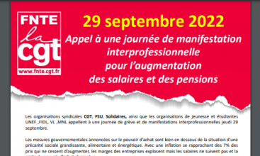 29 septembre 2022 : Appel Fédéral à une journée de manifestation interprofessionnelle pour l’augmentation des salaires et des pensions