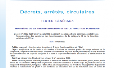 Décret 2022-1209 du 31 août 2022 modifiant les dispositions communes relatives à l'organisation des carrières des fonctionnaires de la catégorie B de la Fonction Publique d'État