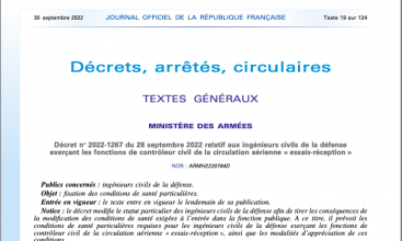 Décret 2022-1267 relatif aux ICD exerçant les fonctions de Contrôleur Civil de la Circulation Aérienne "Essai-Réception"