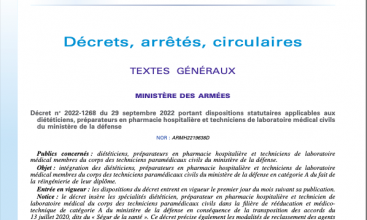 Décret 2022-1268 portant disposition statutaires applicables aux diététiciens, préparateurs en pharmacie hospitalière et techniciens de laboratoire médical civil du MinDef