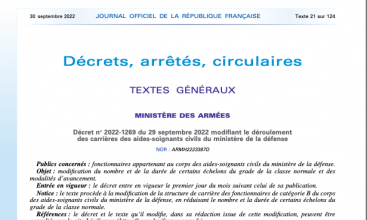 Décret 2022-1269 modifiant le déroulement de carrières des Aides-Soignants du MinDef