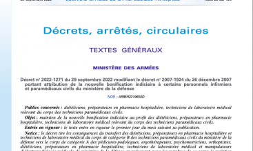 Décret 2022-1271 modifiant le décret 2007-1924 portant attribution de la NBI à certains personnels infirmiers et paramédicaux civils du MinDef