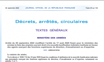 Arrêté du 28 sept 2022 modifiant l'arrêté du 17-08-2020 fixant pour le MinArm la liste des emplois ouvrant droit à la NBI instituée en faveur des agents exerçant des fonctions supérieures de direction, d'encadrement ou d'expertise