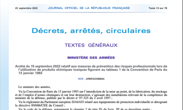 Arrêté du 15 sept 22 relatif aux mesures de prévention des riques pro lors de l'utilisation de produits chimiques toxiques