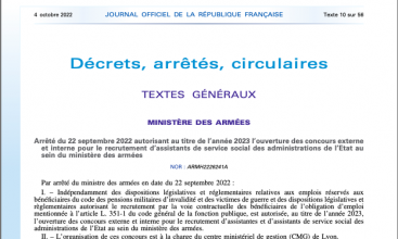 Arrêté du 22 sept 2023 autorisant au titre 2023 l'ouverture de concours interne et externe pour le recrutement d'Assistants de Service Social au MinArm