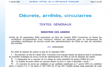 Arrêté du 22 sept 2022 autorisant au titre 2023 l'ouverture d'un concours interne sur titre pour le recrutement de Conseiller Technique de Service Social au MinArm