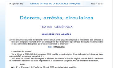 Arrêté du 29-08-22 modifiant l'arrêté du 25-04-22 fixant pour le MinArm la liste des emplois ouvrant droit à l'indemnité spécifique de haute responsabilité