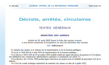 Arrêté du 22-08-22 fixant la liste des postes soumis à une durée maximum d'occupation au sein du MinArm.