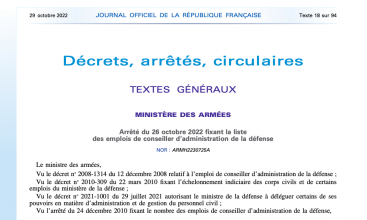 Arrêté du 26 octobre 2022 fixant la liste des emplois de Conseiller d'Administration de la Défense