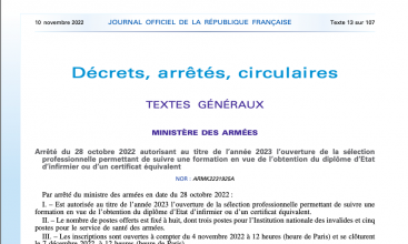 Arrêté du 28 octobre 2022 ouverture sélection pro permettant de suivre une formation en vue de l'obtention du DE d'infirmier