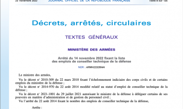 Arrêté du 14 novembre 2022 fixant la liste des emplois de Conseiller Technique de la Défense