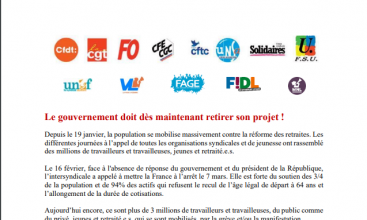 Communiqué intersyndical du 07 mars 2023  - Le gouvernement doit dès maintenant retirer son projet !