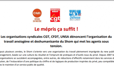Intersyndical SHOM : Le mépris ça suffit ! Les organisations syndicales CGT, CFDT, UNSA dénoncent l’organisation du travail anxiogène et deshumanisante du Shom qui met les agents sous tension.