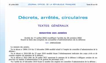 Arrêté du 11 juillet 2023 modifiant l'arrêté du 26 oct 2022 fixant la liste des emplois de Conseiller d'Administration de la Défense