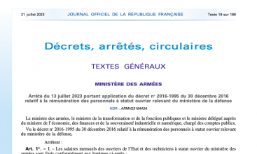 Arrêté du 13 juillet 2023 portant application du décret no 2016-1995 du 30 décembre 2016 relatif à la rémunération des personnels à statut ouvrier relevant du ministère de la défense