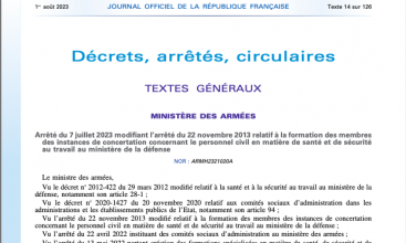 Arrêté du 7 juillet 2023 modifiant l'arrêté du 22 novembre 2013 relatif à la formation des membres des instances de concertation concernant le personnel civil en matière de santé et de sécurité au travail au ministère de la défense